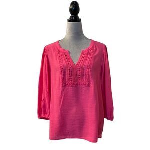 Nanette Lepore Women's XL Pink Boxy Tunic Blouse V-Neck 3/4 Sleeve Embroidered